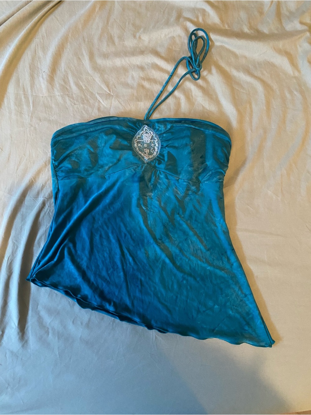 Teal Halter Tank with Embroidery Embellishment